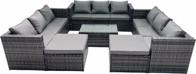 Fimous 11-Seater Patio Coffee Table Sofa Set with 2 Large Stools in Dark Grey – 1