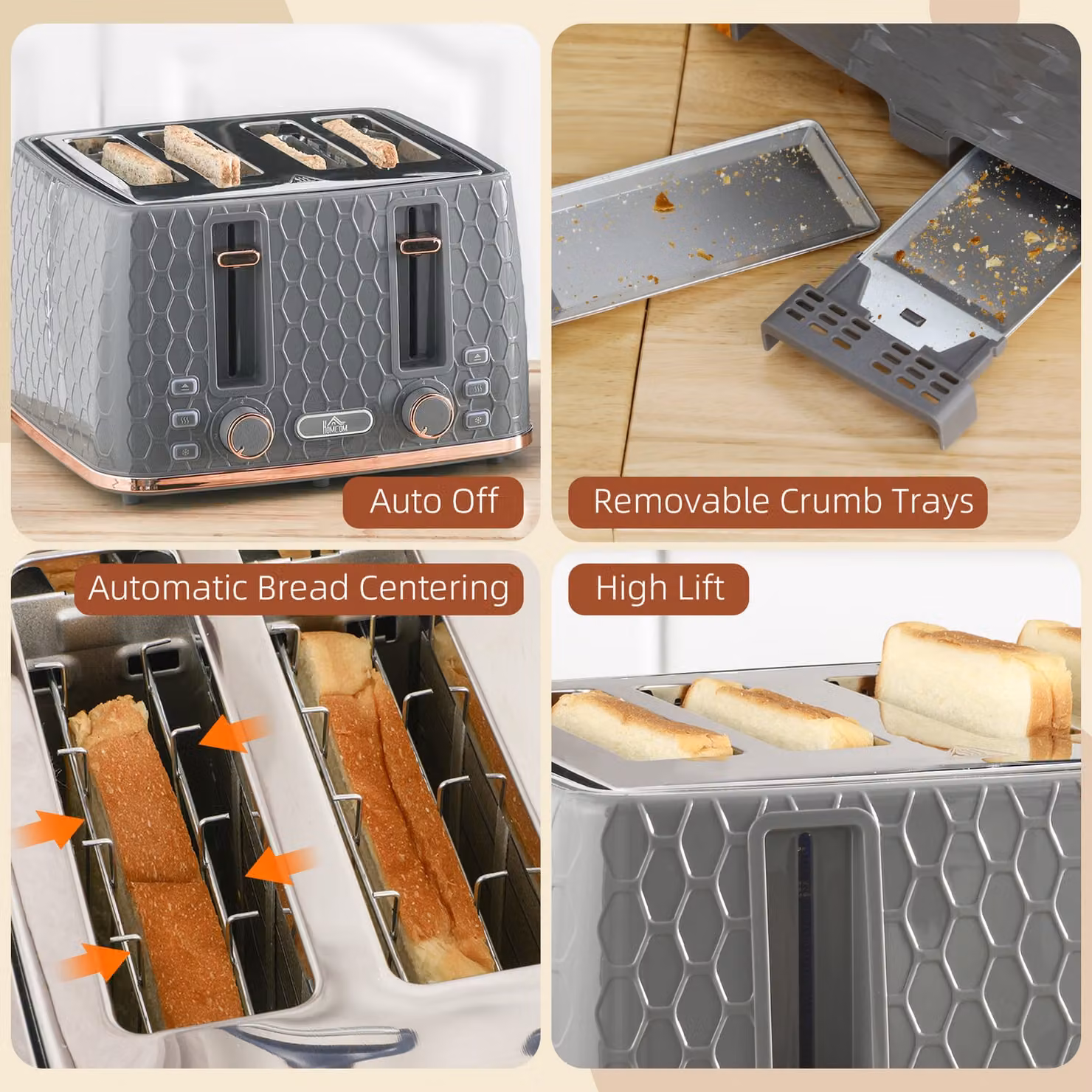 HOMCOM Four-Slice Honeycomb Toaster in Grey – 4