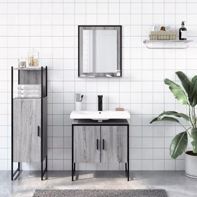 Berkfield Home 3 Piece Grey Bathroom Cabinet Set including Vanity Unit, Tall Cabinet and Mirror Cabinet – 1