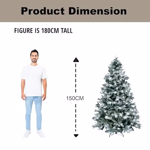 SHATCHI Lapland Fir Pre-Lit Artificial Christmas Tree with 180 Cool White LED Lights, Snow Flocked White Design and Metal Stand, Height: 150 cm – 4