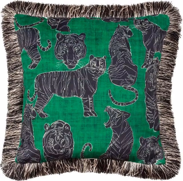 Make it a Home Wildcat Velvet Fringed Square Cushion in Green
