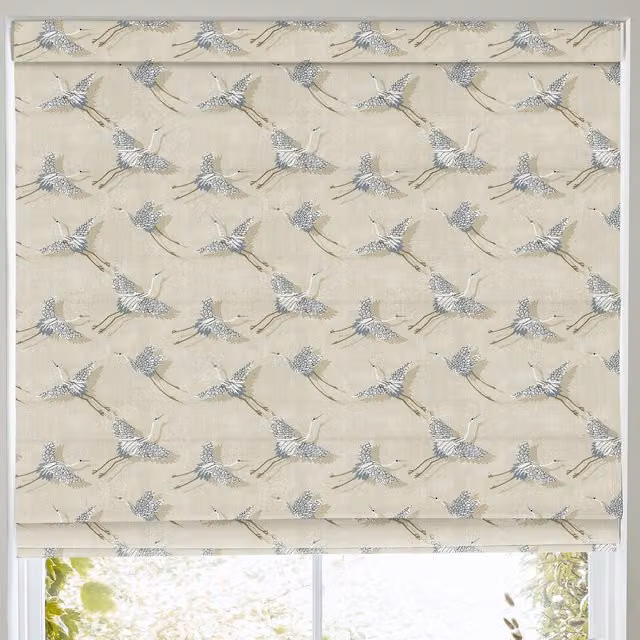 Naoko Made to Measure Blackout Roman Blind in Linen with Blue and Beige Animal Graphic