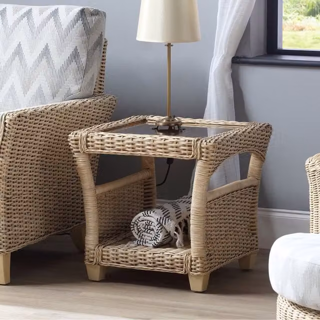 Desser Adlington Cane Side Table in Natural Wash and Ivory with Glass Top