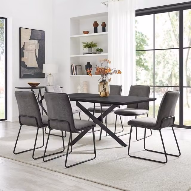 FurnitureboxUK Leonardo Black Top Dining Table with 6 Halle Fabric Chairs in Dark Grey