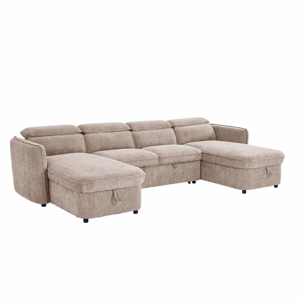 Furnishings For Less UK Ria 4 to 5 Seater U-Shaped Fabric Sofa Bed in Beige with Tilting Headrest and Storage – 2