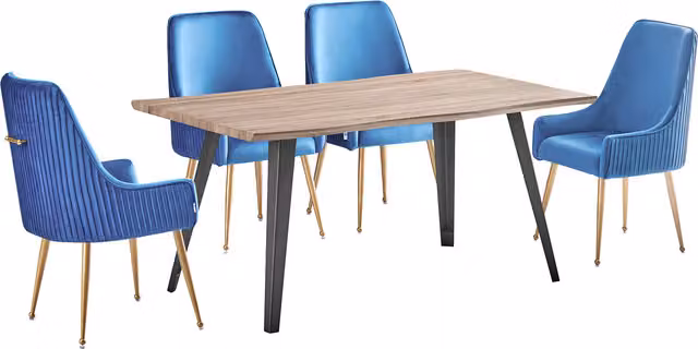 Life Interiors Soho Rocco LUX Dining Set with Rectangular Live Edge Wood Table and 4 Blue Velvet Upholstered Chairs with Gold Accents