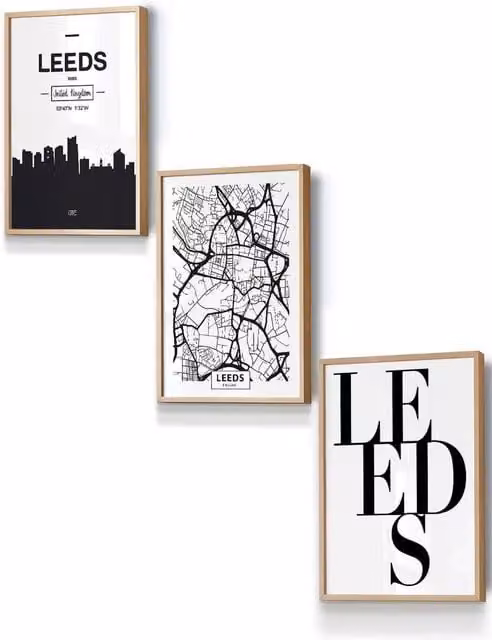 ARTZE Leeds Skyline Street Map City Print Framed Wall Art in White, Black or Beige, W: 33 cm, H: 45 cm, D: 2 cm