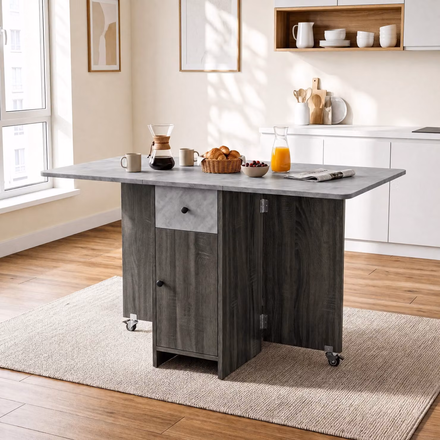 DHS Grey Space Saving Drop Leaf Dining Table with Storage and Castors, W/D/H: 120 x 65 x 75 cm
