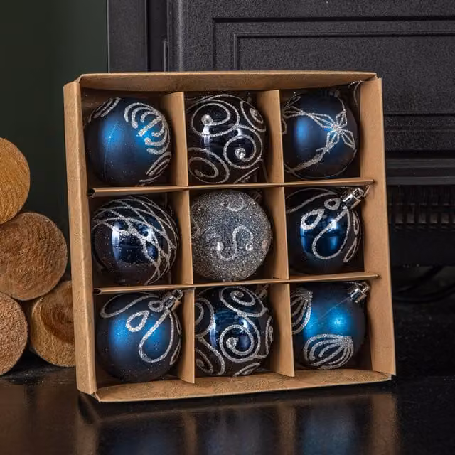 Samuel Alexander Set of 9 Shatterproof Deluxe Glitter Christmas Tree Baubles in Midnight Blue and Silver