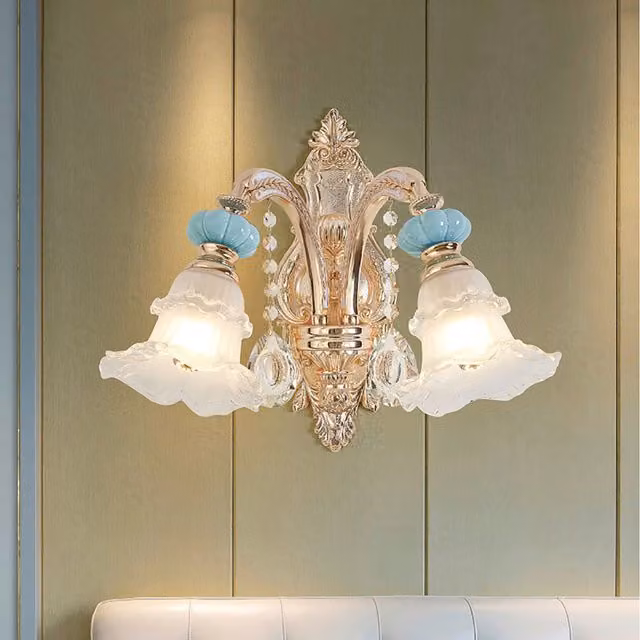 Blue and Gold K9 Crystal Ceramic and Metal Pendant Ceiling Chandelier, Diameter: 40 cm