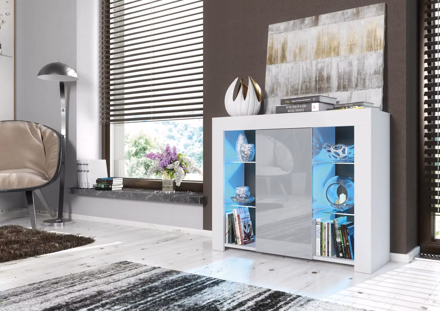 Creative Furniture Harbor Sideboard with Glossy Grey and White Doors and Integrated Lighting W/D/H: 97 x 35 x 83 cm – 2