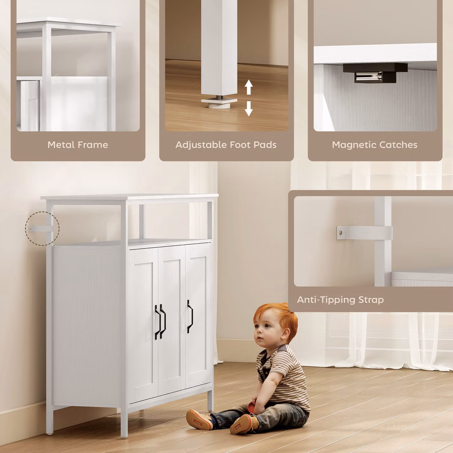 HOMCOM Industrial Kitchen Sideboard in White with Open Shelf, 2 Cabinets and Adjustable Shelves – 4