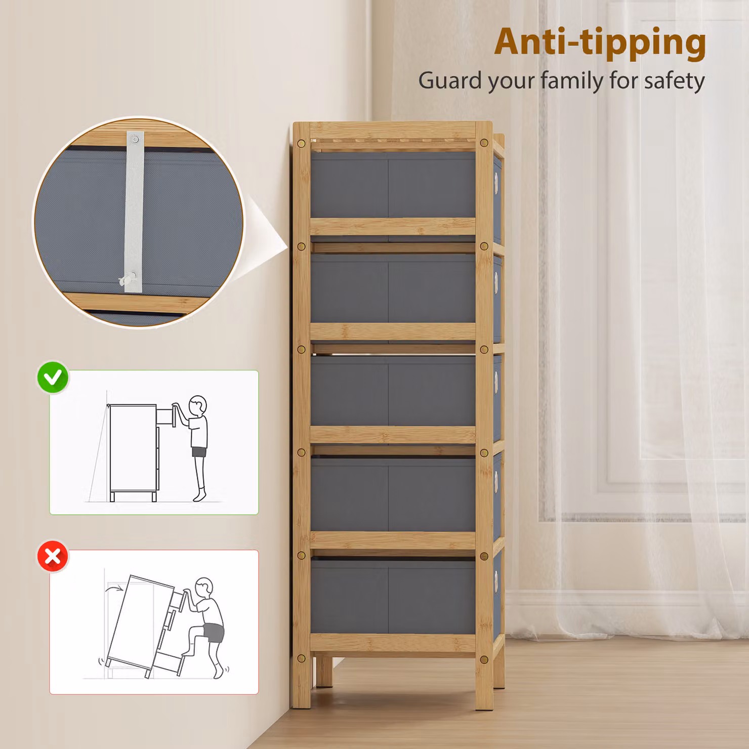 HOMCOM Narrow Chest of Drawers with 5 Fabric Drawers and Bamboo Frame, Light Grey – 5