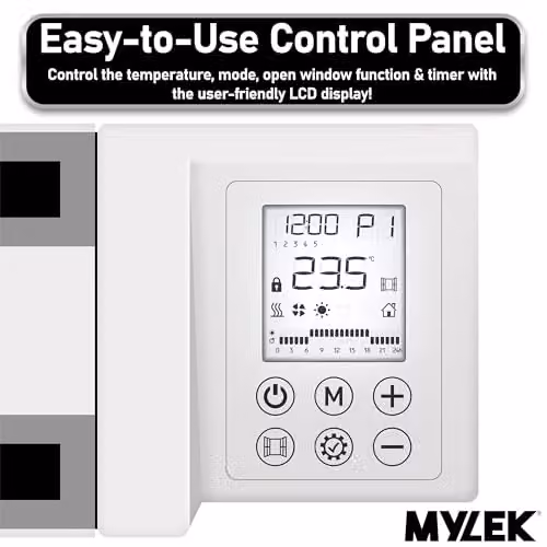 MYLEK 2000W Ceramic and Aluminium Electric Panel Heater with Digital Timer and Thermostat, White, Wall Mounted or Freestanding – 4