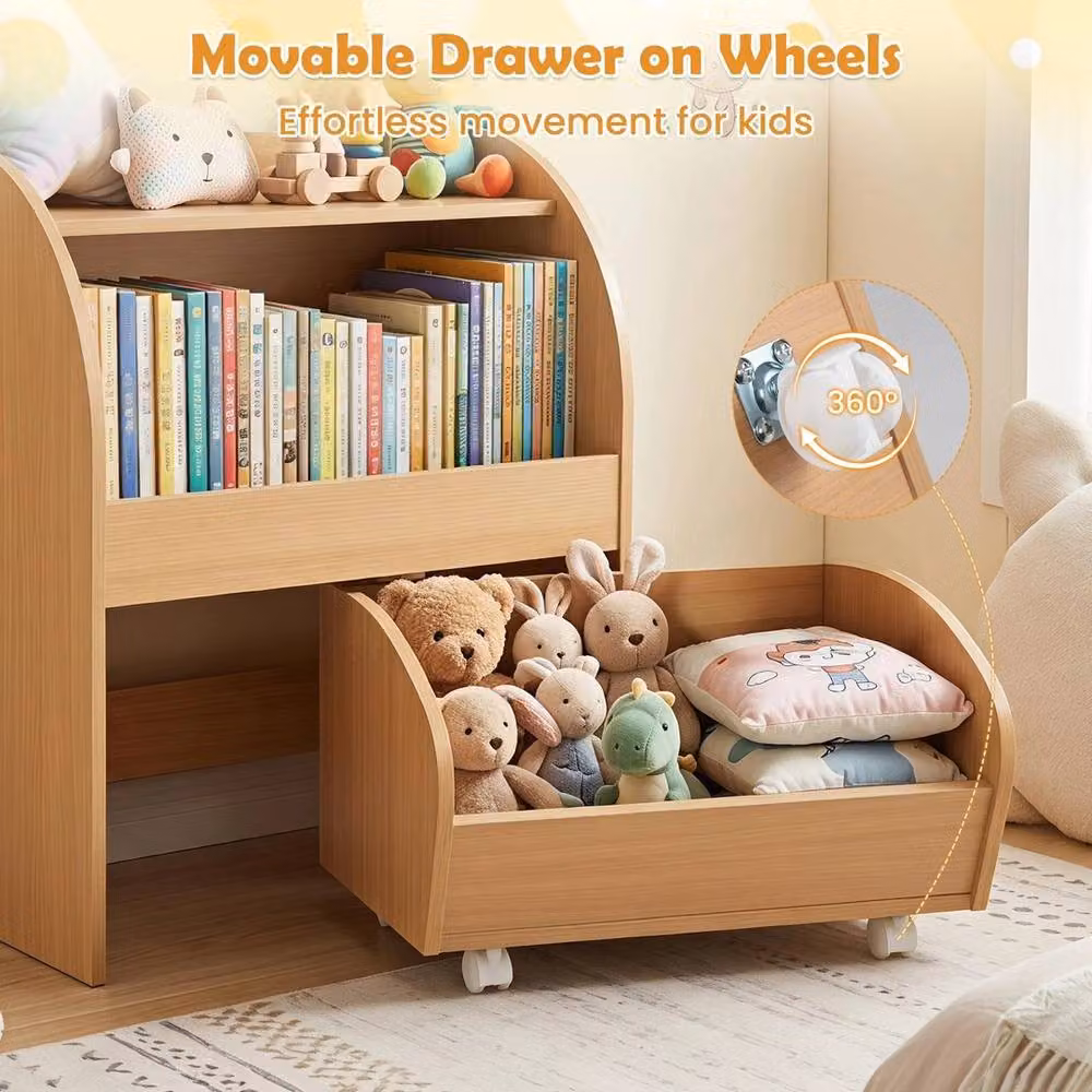 VOGREX Kids Toy Shelf with 2 Open Shelves and Wheeled Drawer in Natural Brown Wood – 3