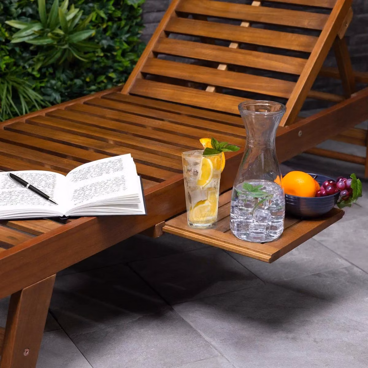 Charles Bentley FSC Certified Acacia Wood Reclining Sun Lounger with Pull Out Tray, Brown, W/D/H: 200 x 85 x 67 cm – 2
