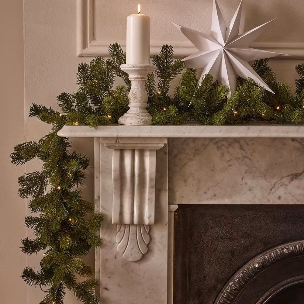 Noma PreLit Fake Fir Christmas Garland in Green and White with Warm White Lights, 9 Ft