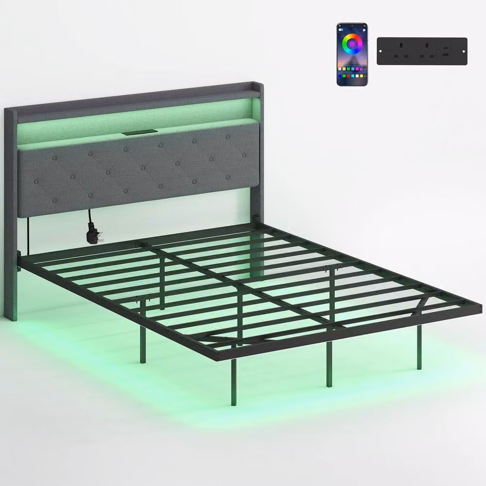 STILVORA Grey Fabric Double Bed Frame with LED Lighting, USB Charging Port and Bedside Shelves, W/D/H: 140 x 200 cm – 4