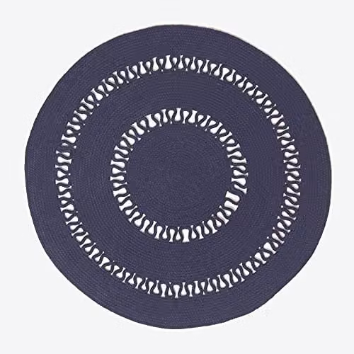 HOMESCAPES Navy Blue Round Crochet Rug, Handwoven Braided Cotton Mat, Diameter: 90 cm