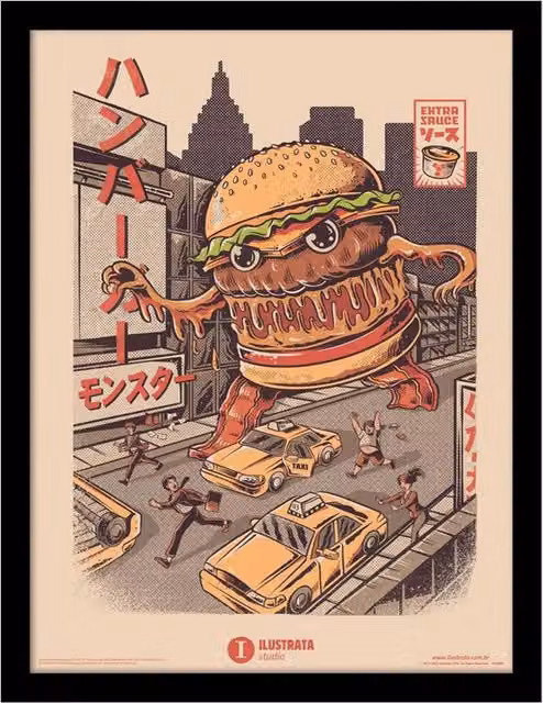 Ilustrata Burgerzilla Framed Multicolour Paper Poster in Grey
