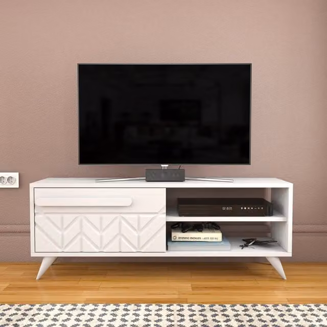 Decorotika Venedik Unit TV in White Wood, W/D/H: 120 x 29.5 x 45.7 cm