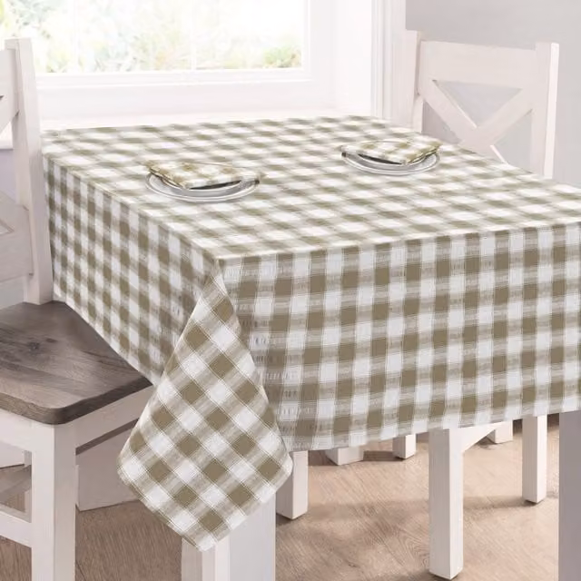 Kitchen Trends Printed Gingham Check Seersucker Tablecloth in Natural Beige and Orange, W: 127 cm x L: 228.6 cm