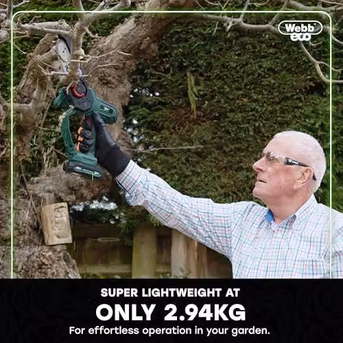 Webb Eco 20V Cordless Pruning Saw in Green with 15cm Bar, 3/8 Inch Chain Pitch, 2Ah Battery and Charger Included – 6