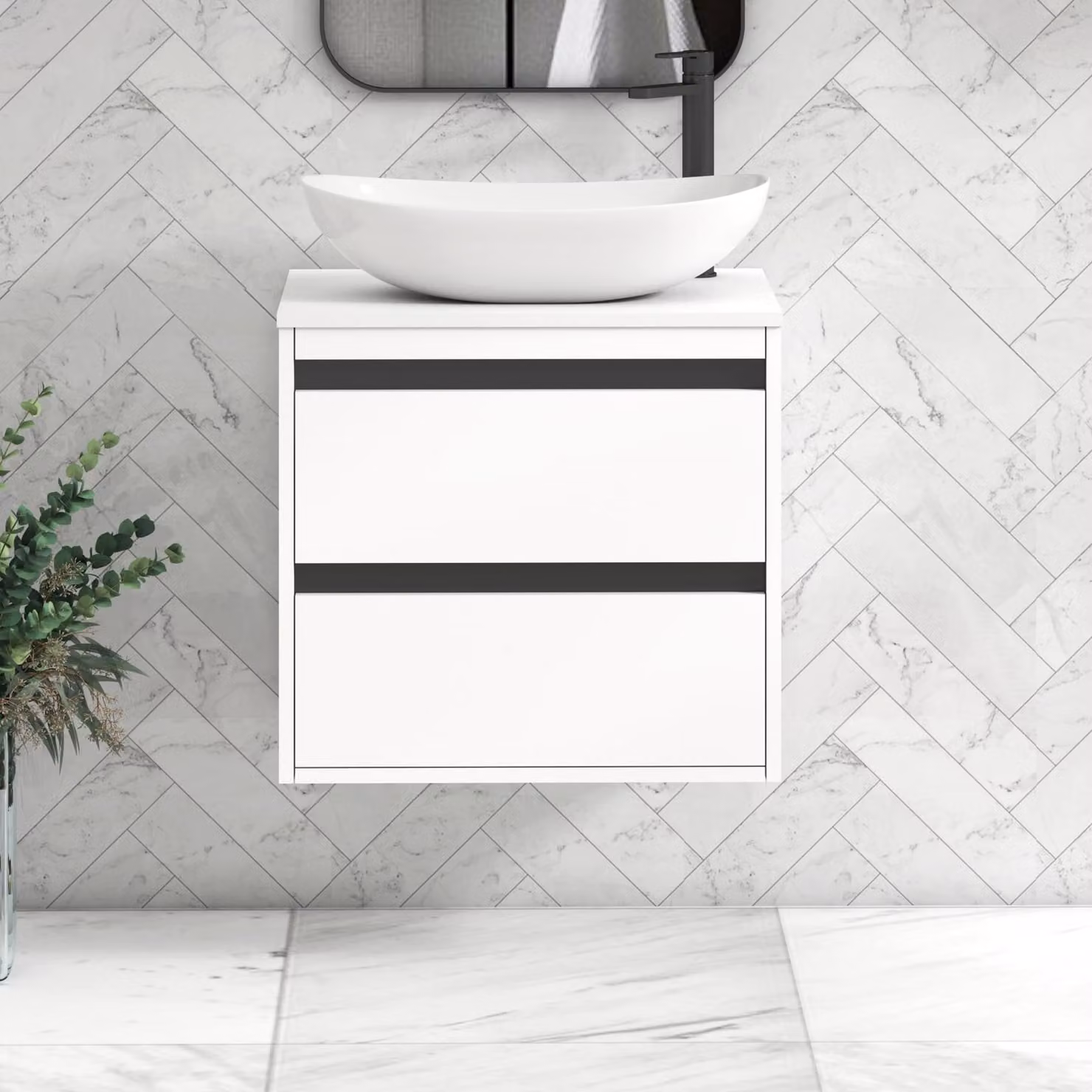 Royal Bathrooms Orion 600mm Wall Hung Matt White Vanity Unit with Cesar Basin and Black Accent Trim