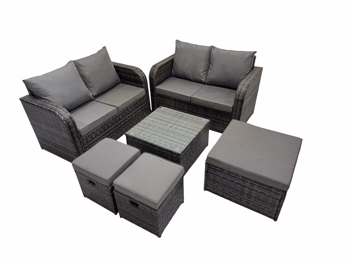 Fimous Love Outdoor Furniture Set with 2-Seater Sofa, Square Coffee Table and 3 Ottomans in Dark Grey – 2