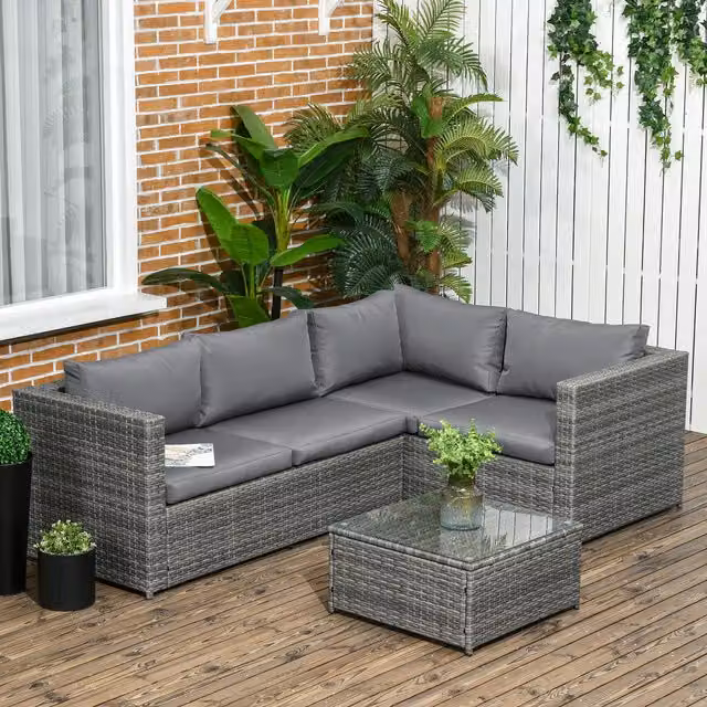 Outsunny Modern Rattan Patio Corner Sofa Chair Set with Coffee Table in Grey