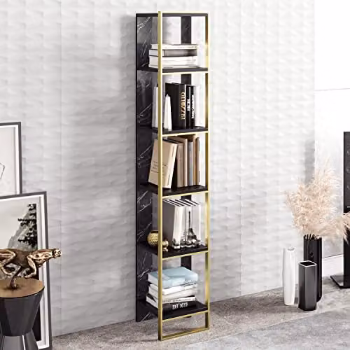 Decorotika Polka Corner Bookcase with Natural Marble Pattern and 5 Tiers in Black, White and Gold, H 178 x W 31 x D 31 cm – 2