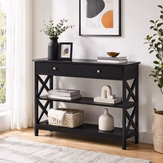STILVORA Modern Black Console Table with 2 Drawers and Shelves – 1