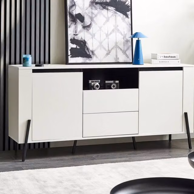 Wyld and Coco White Modern Engineered Wood Sideboard with 3 Drawers and Metal Legs – 1