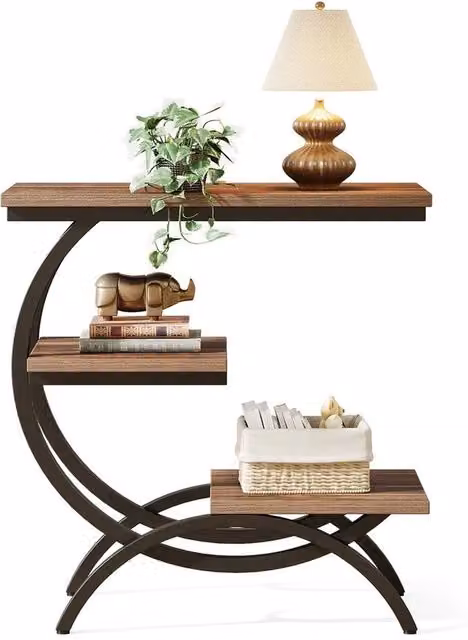 VOGREX 3 Tier Industrial Small Side Table in Brown Wood and Metal, W/D/H: 30 x 30 x 65 cm – 1