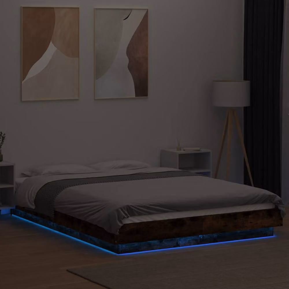Berkfield Home Modern Small Double Bed Frame with LED Under-Bed Lighting and USB Charging Port in Smoked Oak Brown, W/D/H: 120 x 200 cm – 3