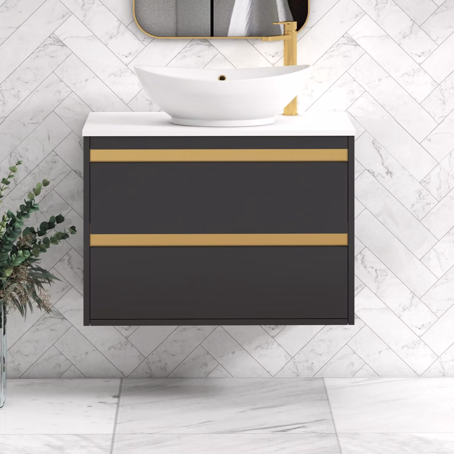 Royal Bathrooms Orion 800mm Matt Obsidian Black Wall Hung Vanity Unit with Plain White Amaze Basin and Brushed Brass Accent Trim