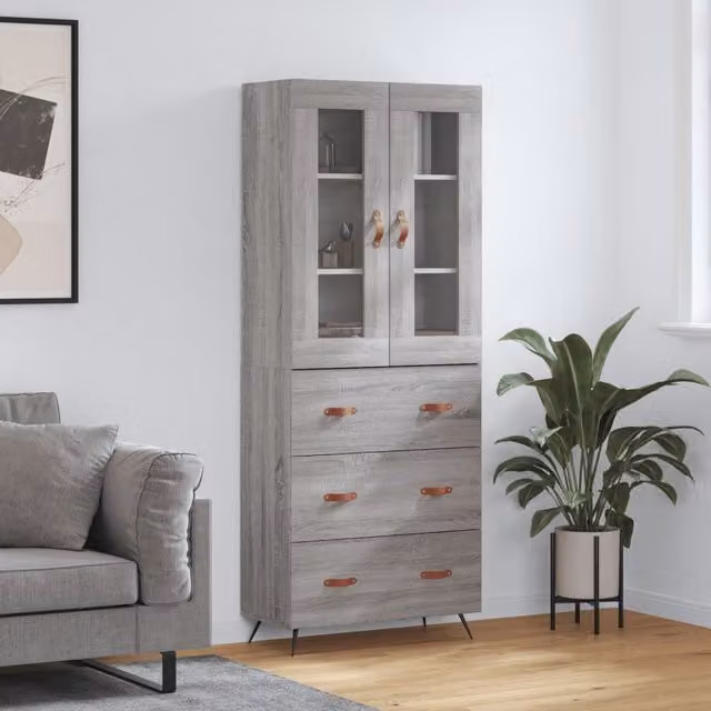 Berkfield Home Modern Grey Sonoma Highboard with Glass Doors and Internal Shelves, W: 69.5 cm, D: 34 cm, H: 180 cm