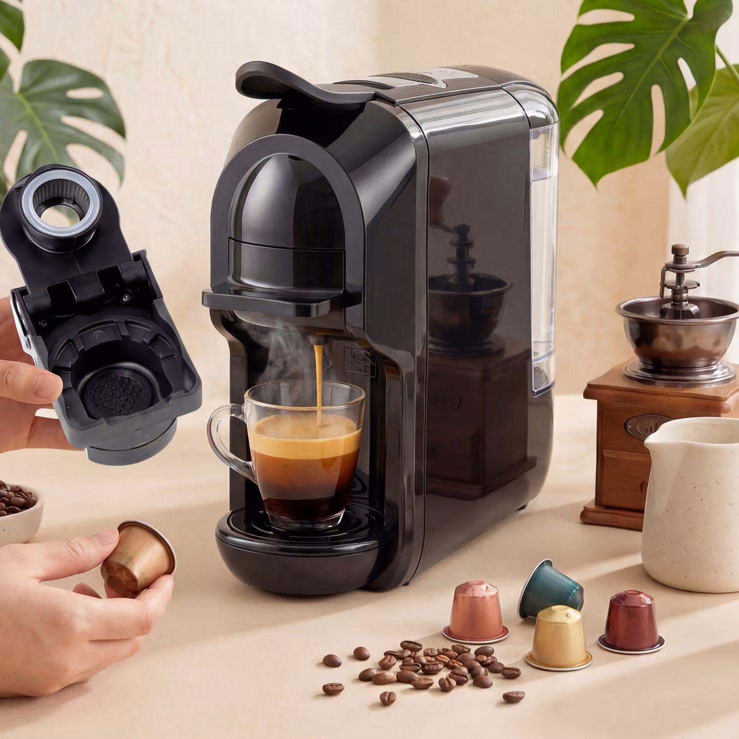 HOMCOM Black Pod Coffee Machine for Nespresso, Dolce Gusto Capsules and Ground Coffee, 19 Bar Semi Automatic Coffee Maker with 0.6 l Removable Tank – 8