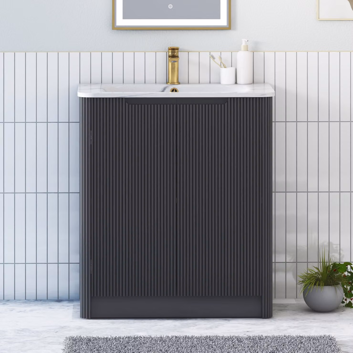 Royal Bathrooms Avenza 700mm Matt Obsidian Black Floor Standing 2 Door Vanity Unit with Carrara White Basin