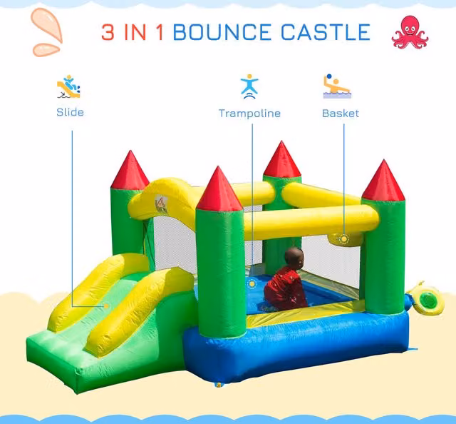 HOMCOM Kids Inflatable Bouncy Castle with Slide and Blower, Green and Multicolour