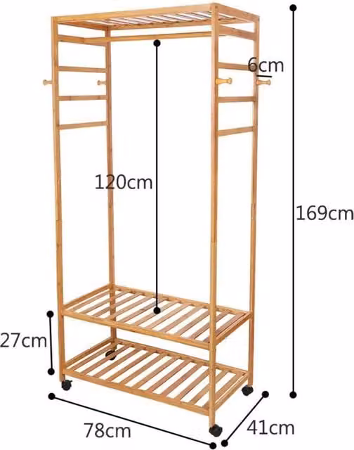 FLAVORA Wood Rolling Garment and Shoe Storage Rack in Natural Brown with Dual Hook and Rail Matrix, Width: 50 cm
