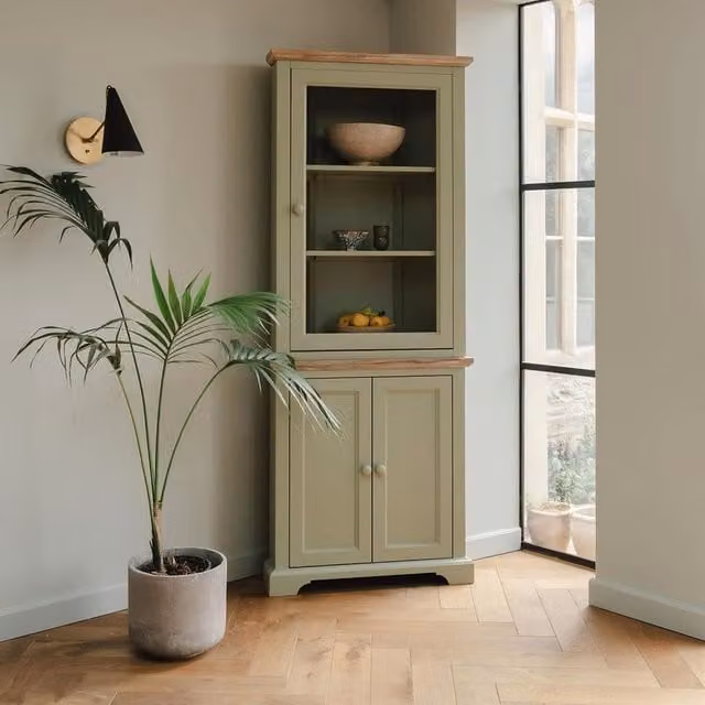 Florence Corner Display Cabinet with Glass Doors and Cupboard in Dove Grey and Sage Green