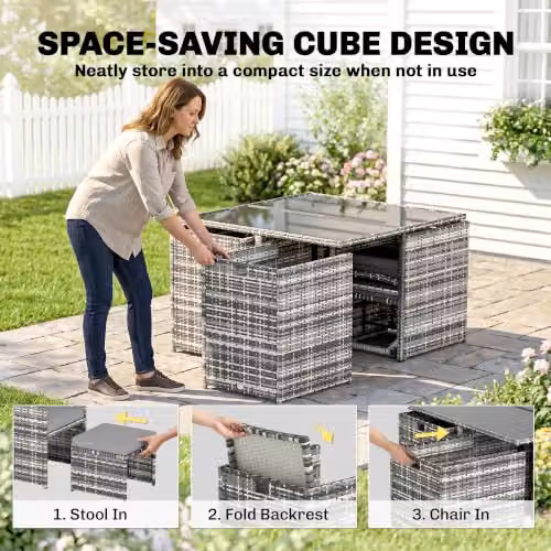 Outsunny 8 Seater Grey Rattan Cube Garden Furniture Set with Cushions and Glass Top Table – 3