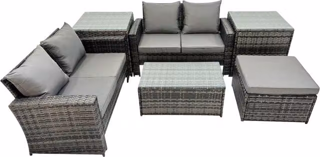 Fimous PE Rattan Garden Set in Dark Grey with 2-Seater Sofas, Coffee Table and Ottoman