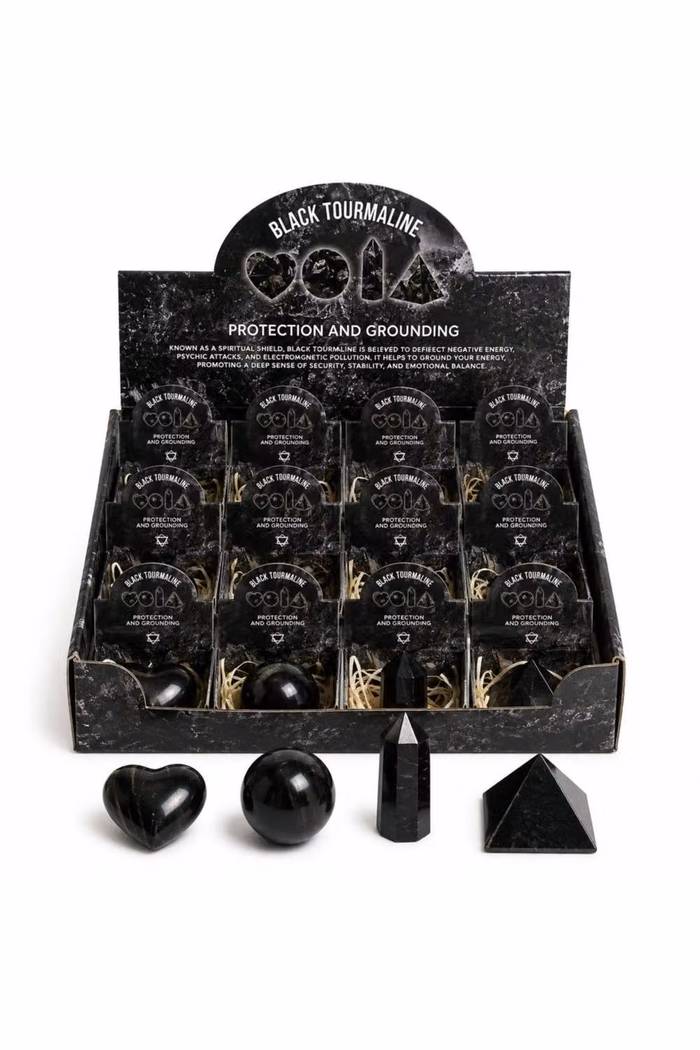 KDMD Black Tourmaline Stone Shape Set featuring Heart, Sphere, Obelisk and Point – 3