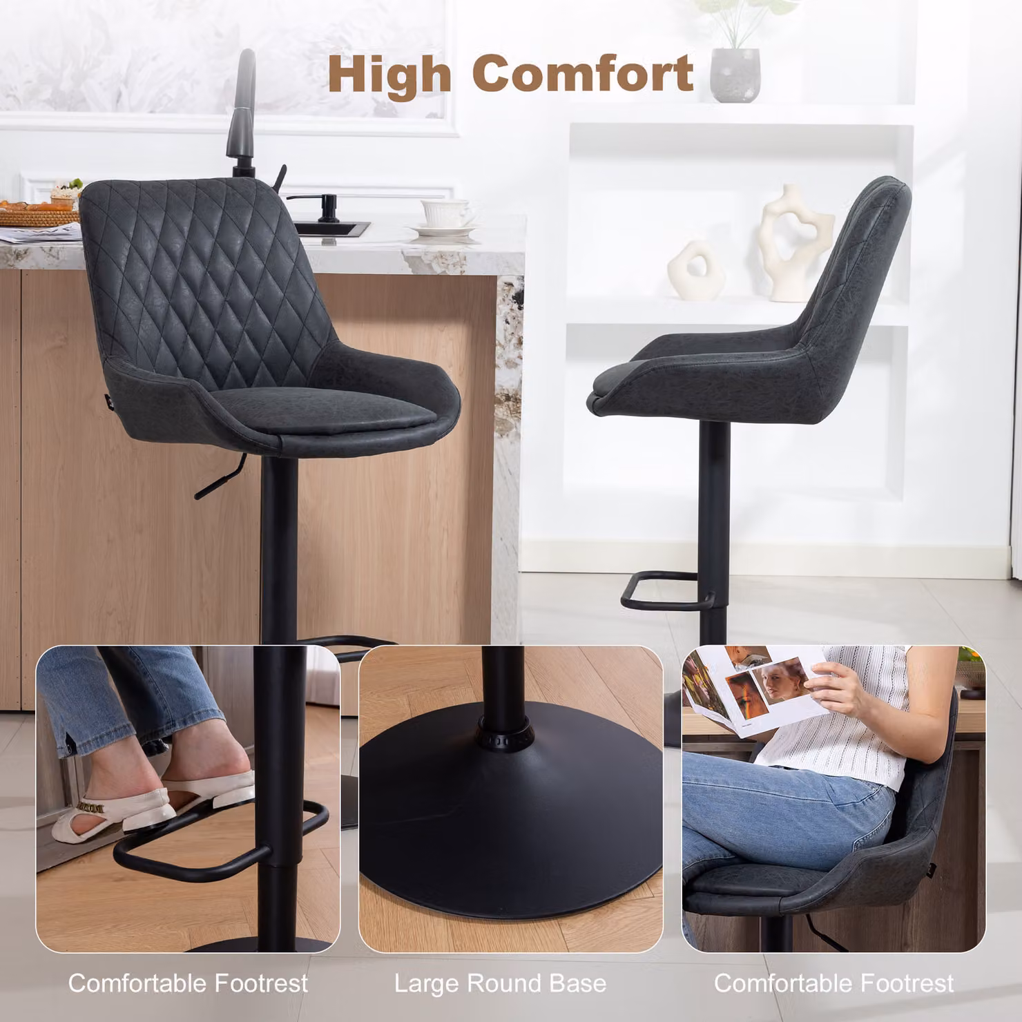 HOMCOM Set of Two Retro Faux Leather Swivel Bar Stools in Black – 6