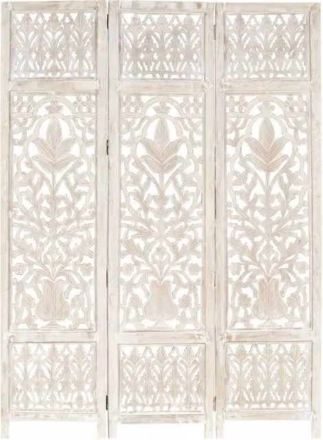 Berkfield Home Hand Carved 3-Panel Floral Room Divider in White Solid Mango Wood W/H: 120 x 165 cm