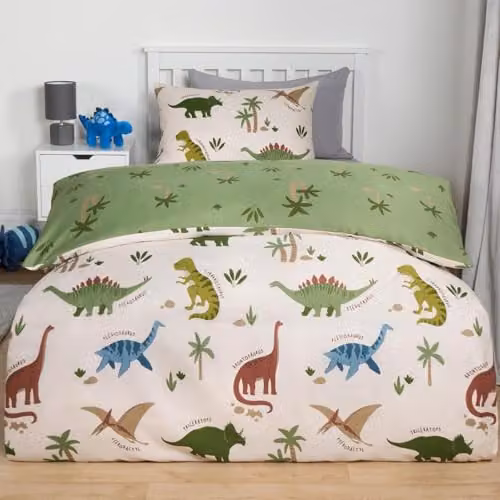 OHS Reversible Dinosaur Print Single Duvet Cover and Pillowcase Set, Green, Duvet Cover: 135 x 200 cm, Pillowcase: 50 x 75 cm