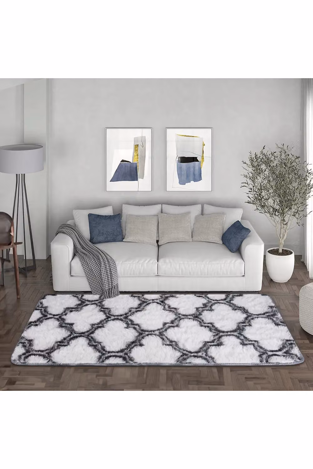 Living and Home Modern Geometric Shag Rug in White and Grey, W/D/H: 180 x 100 cm – 3