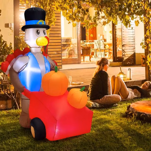 Costway 6ft Multicolour Inflatable Thanksgiving Turkey with Pumpkin Cart and Lights – 1